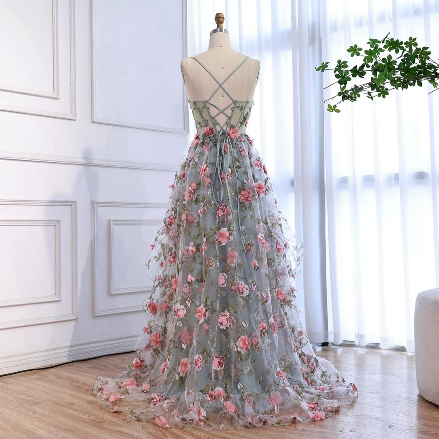 Luxury Sage Green 3D Floral Beaded A-Line Prom Dress LA73560