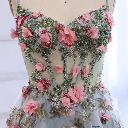 Luxury Sage Green 3D Floral Beaded A-Line Prom Dress LA73560