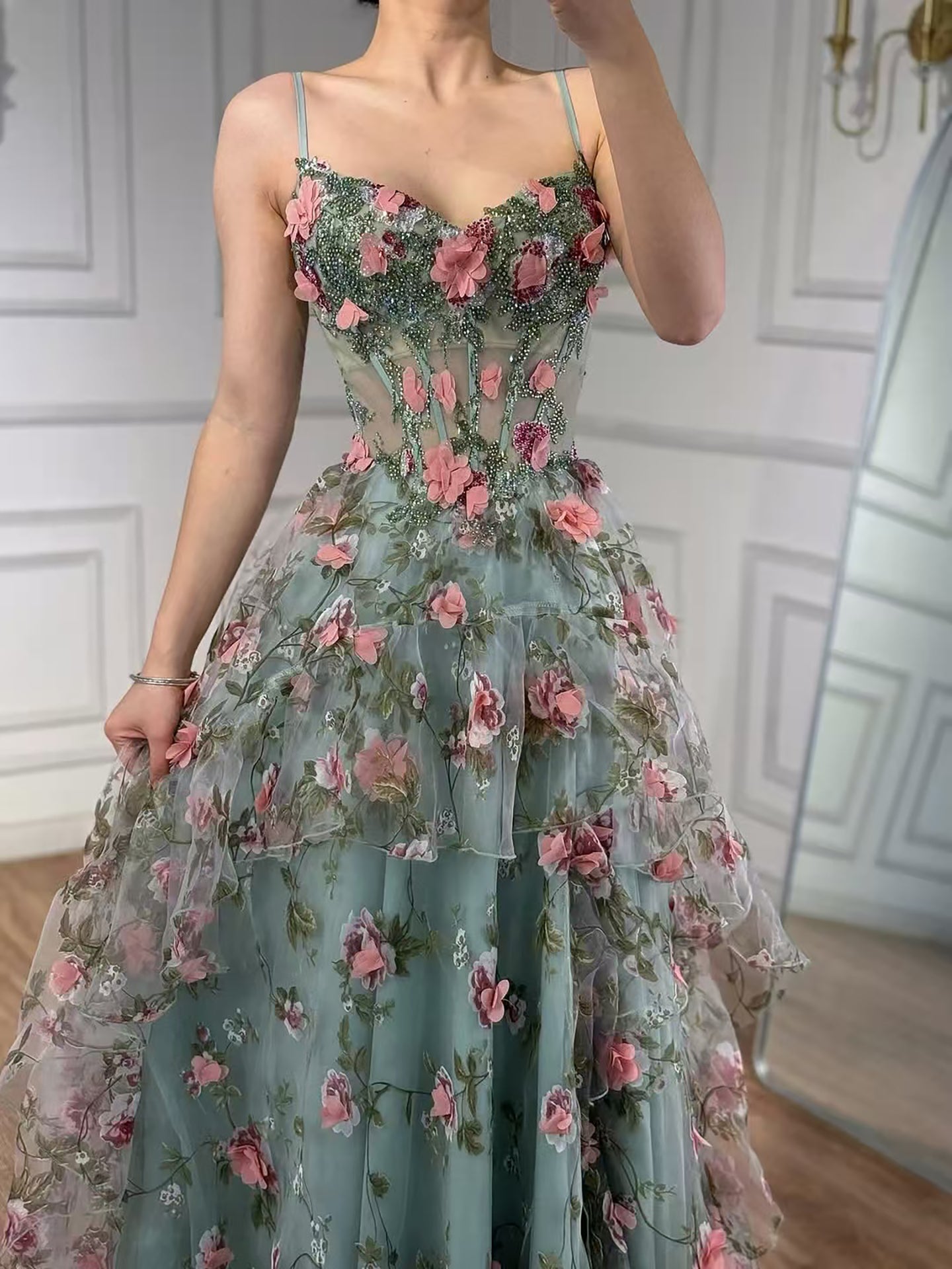 Luxury Sage Green 3D Floral Beaded A-Line Prom Dress LA73560