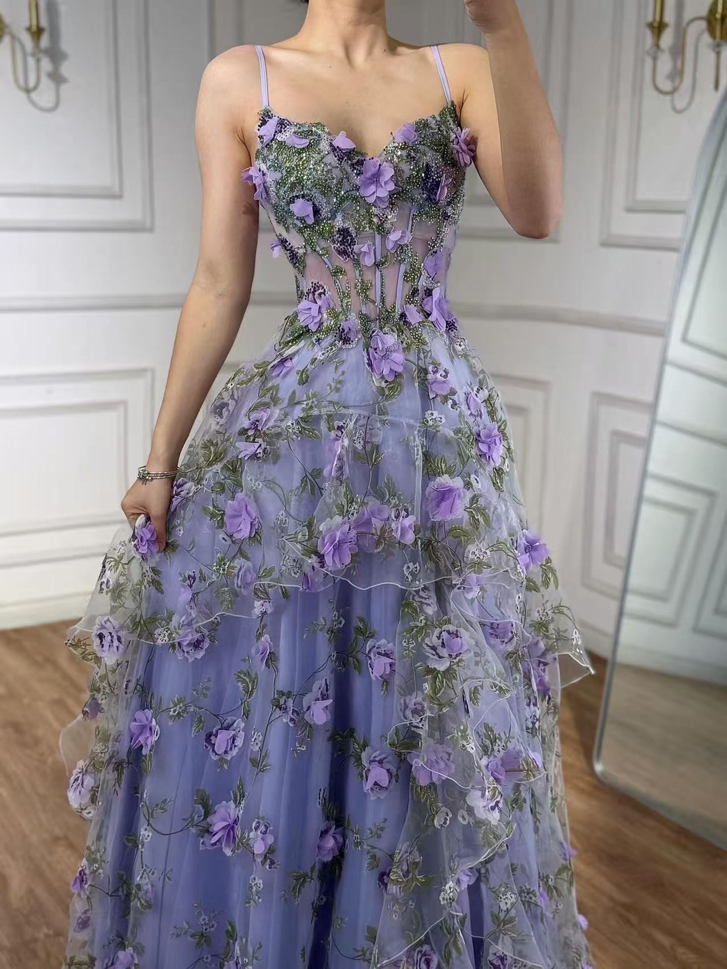 Luxury Sage Green 3D Floral Beaded A-Line Prom Dress LA73560