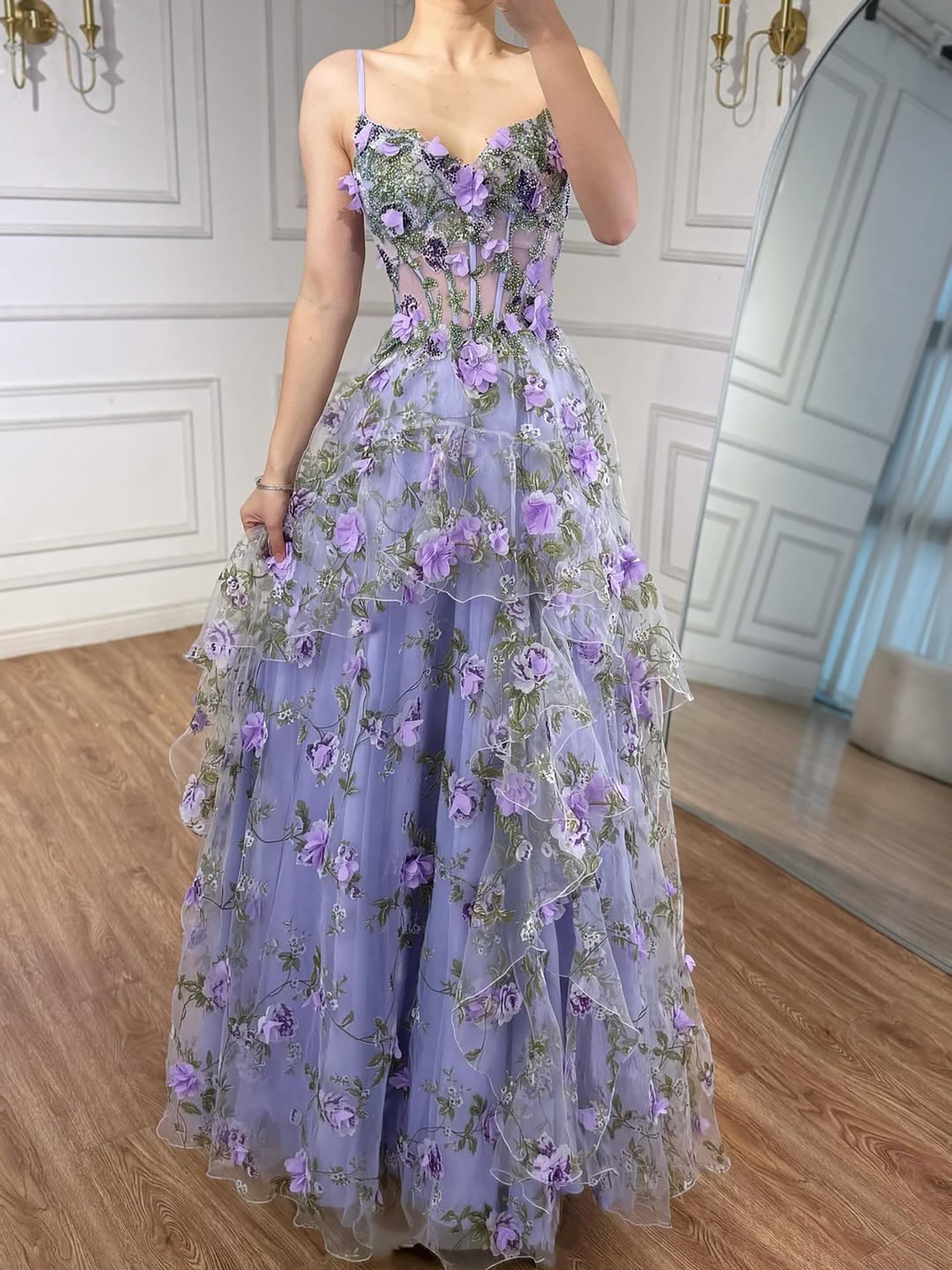 Luxury Sage Green 3D Floral Beaded A-Line Prom Dress LA73560