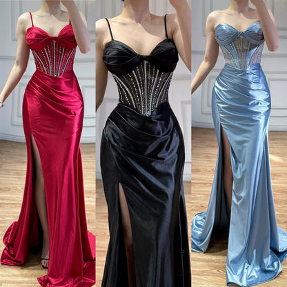 Luxury Red Satin Mermaid Prom Dress High Split LA73564