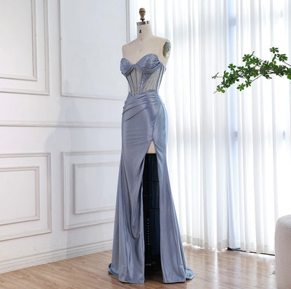 Luxury Red Satin Mermaid Prom Dress High Split LA73564