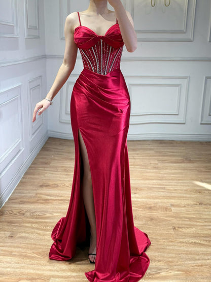 Luxury Red Satin Mermaid Prom Dress High Split LA73564
