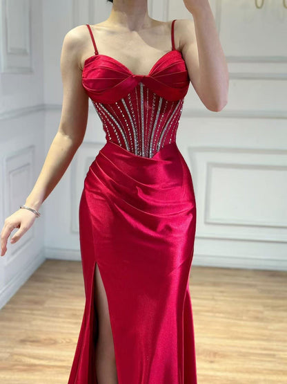 Luxury Red Satin Mermaid Prom Dress High Split LA73564
