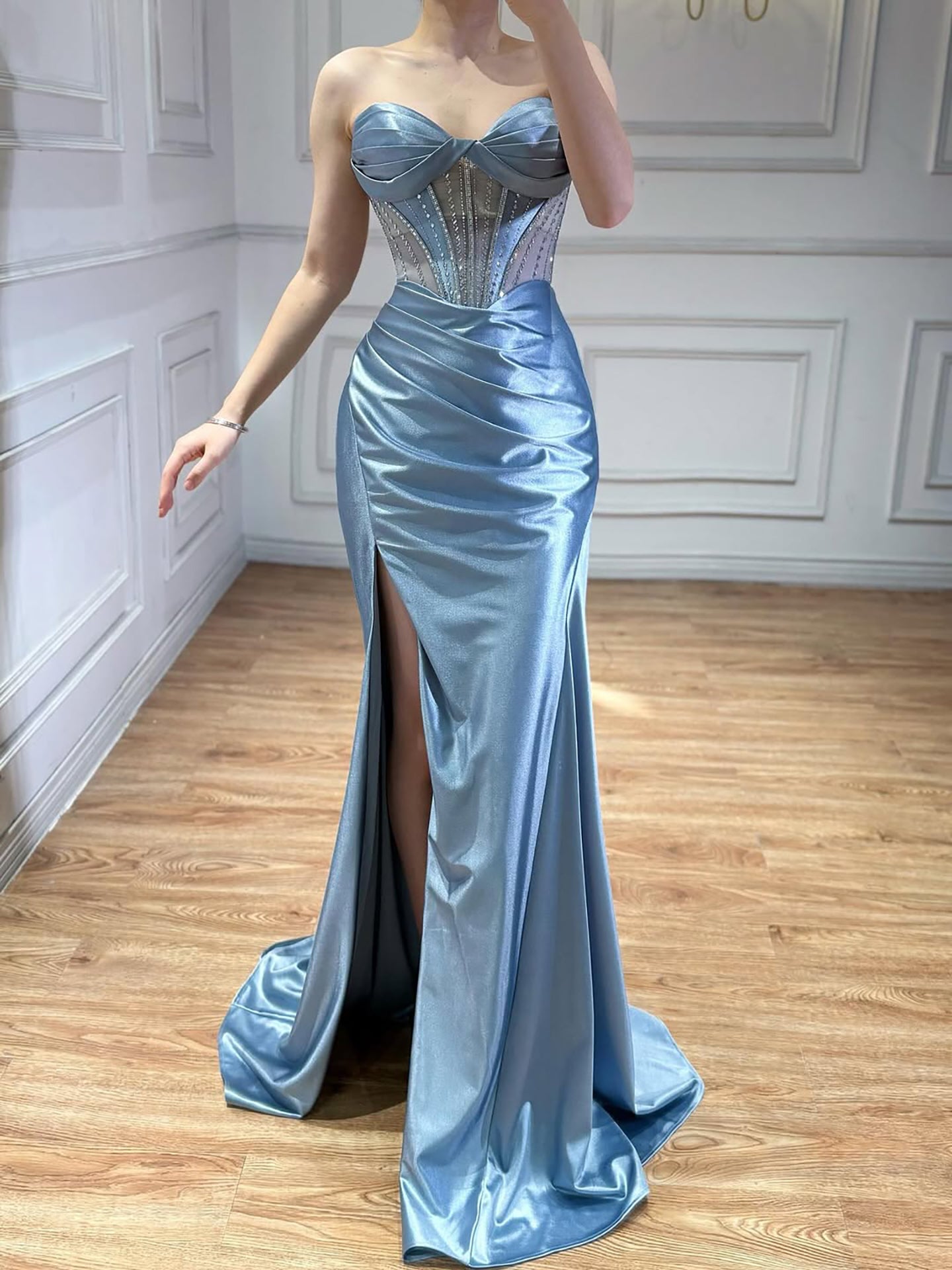 Luxury Red Satin Mermaid Prom Dress High Split LA73564