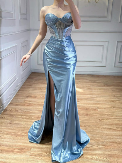 Luxury Red Satin Mermaid Prom Dress High Split LA73564