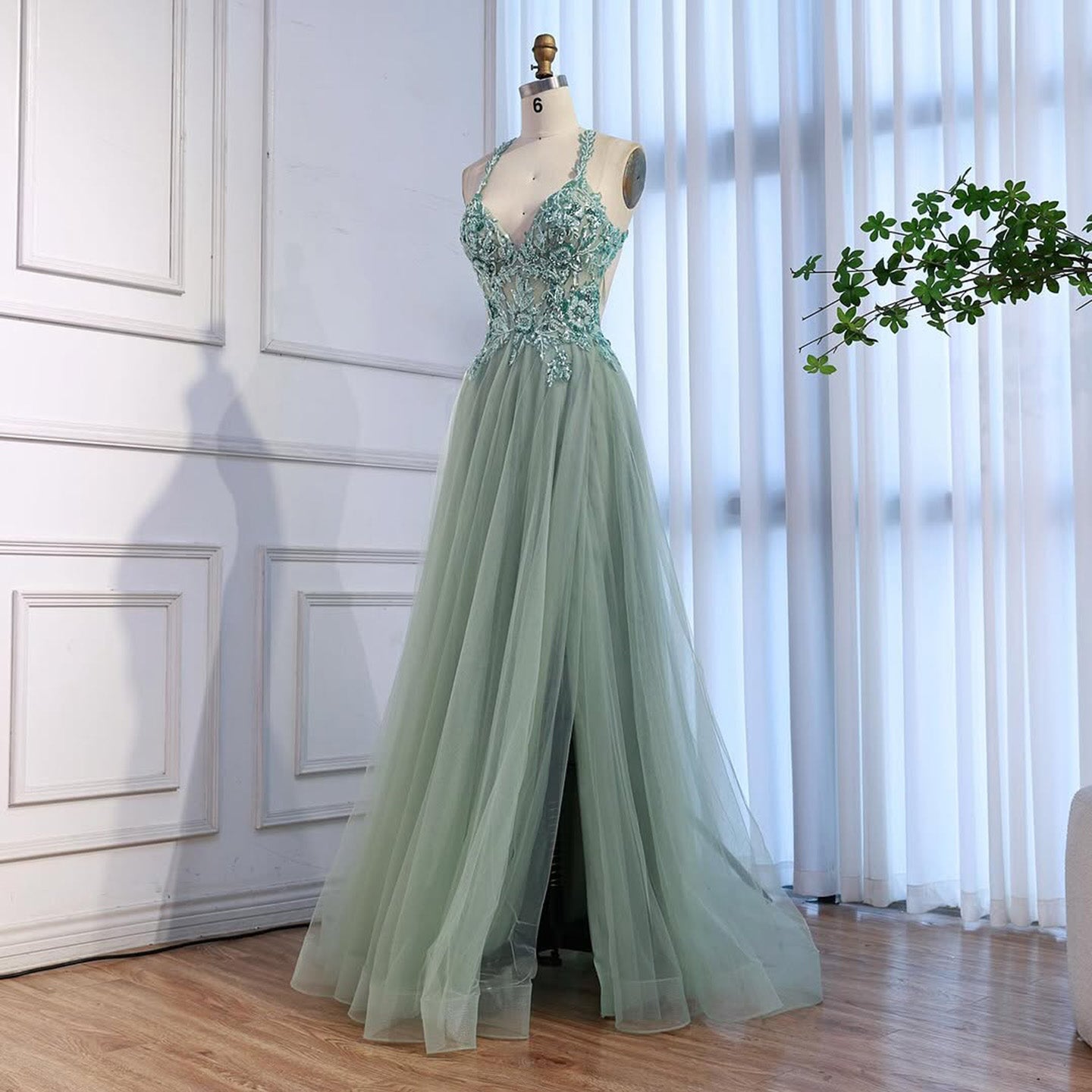 Luxury Sage Green Beaded Appliques A Line Evening Dress LA73568
