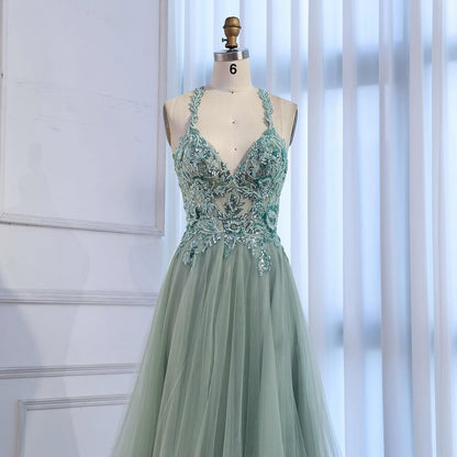 Luxury Sage Green Beaded Appliques A Line Evening Dress LA73568