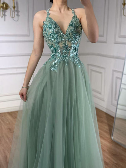 Luxury Sage Green Beaded Appliques A Line Evening Dress LA73568