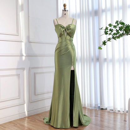 Luxury Olive Green Prom Dress with Bow Rhinestone High Split LA73573
