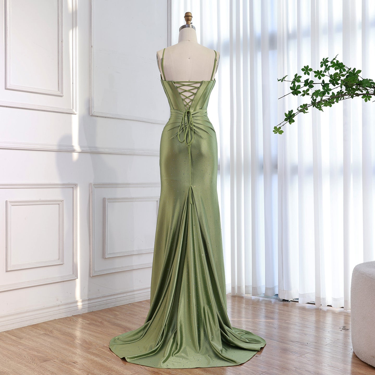 Luxury Olive Green Prom Dress with Bow Rhinestone High Split LA73573