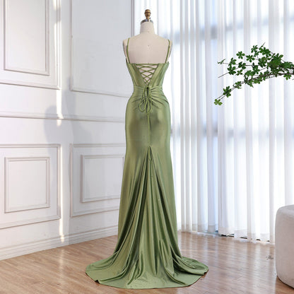 Luxury Olive Green Prom Dress with Bow Rhinestone High Split LA73573