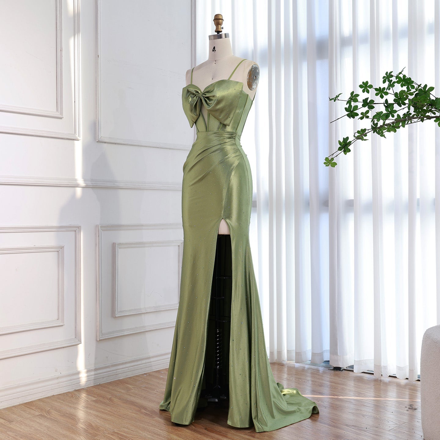 Luxury Olive Green Prom Dress with Bow Rhinestone High Split LA73573