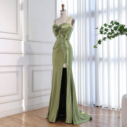 Luxury Olive Green Prom Dress with Bow Rhinestone High Split LA73573