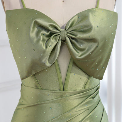 Luxury Olive Green Prom Dress with Bow Rhinestone High Split LA73573