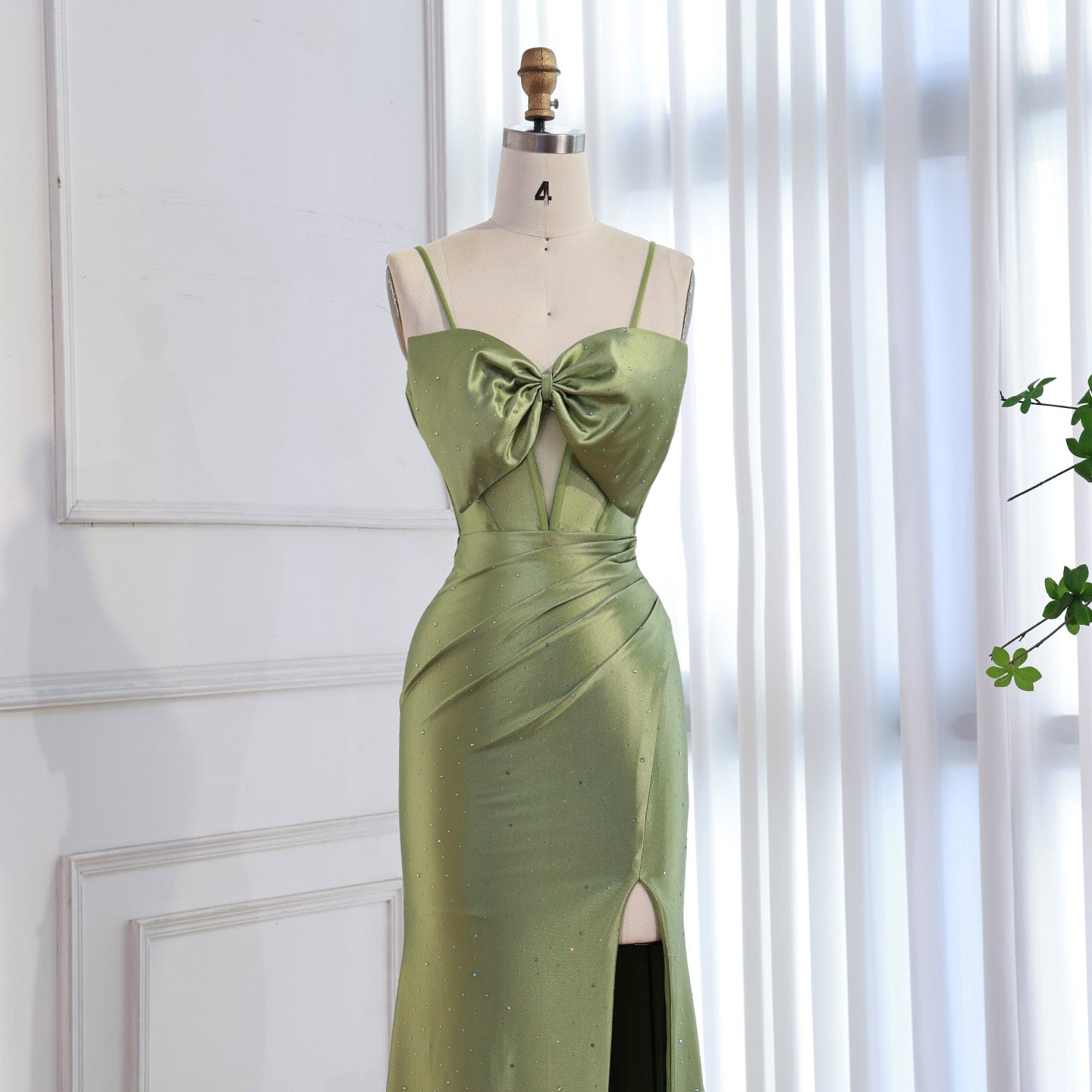 Luxury Olive Green Prom Dress with Bow Rhinestone High Split LA73573