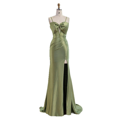 Luxury Olive Green Prom Dress with Bow Rhinestone High Split LA73573