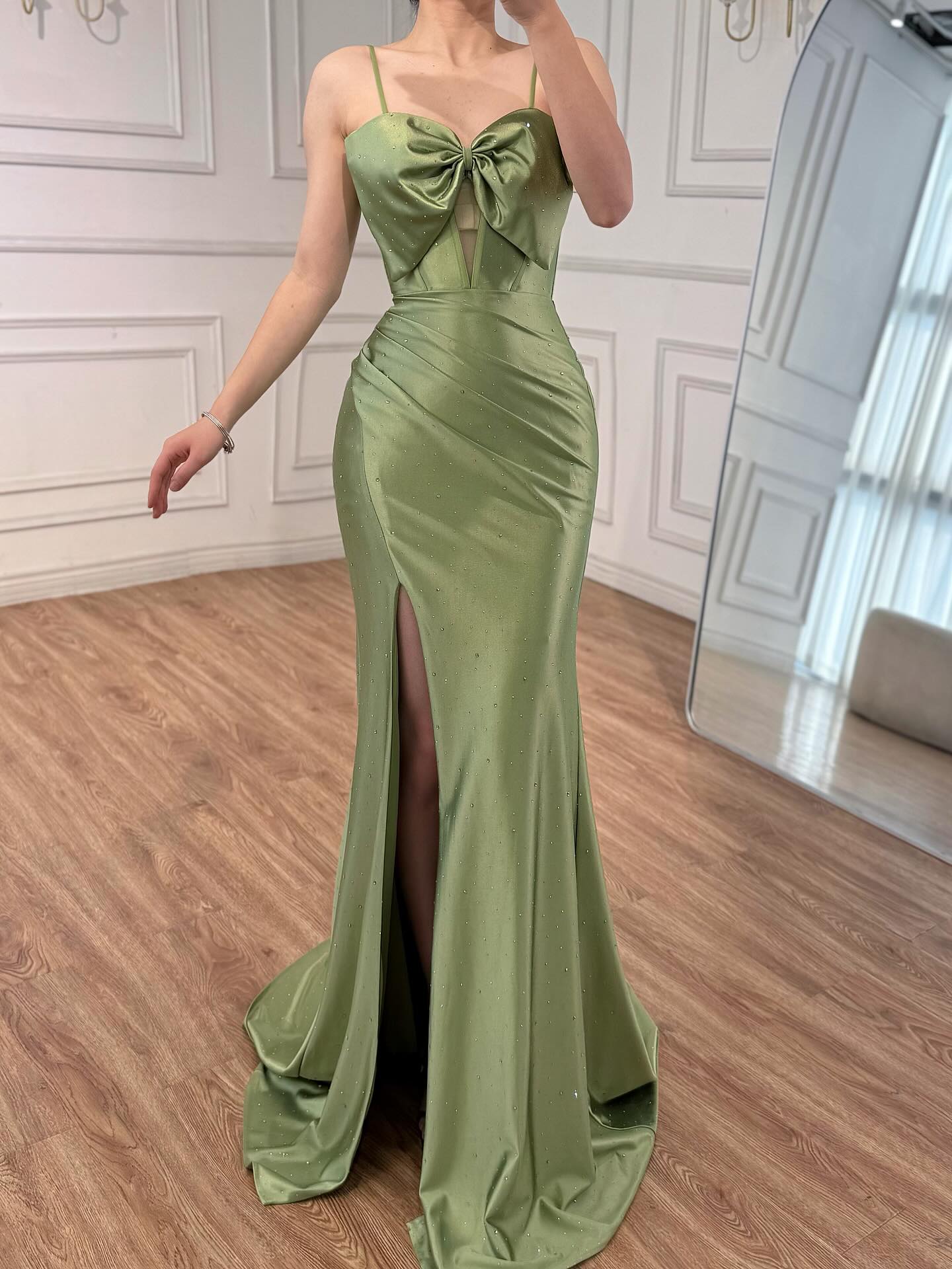 Luxury Olive Green Prom Dress with Bow Rhinestone High Split LA73573