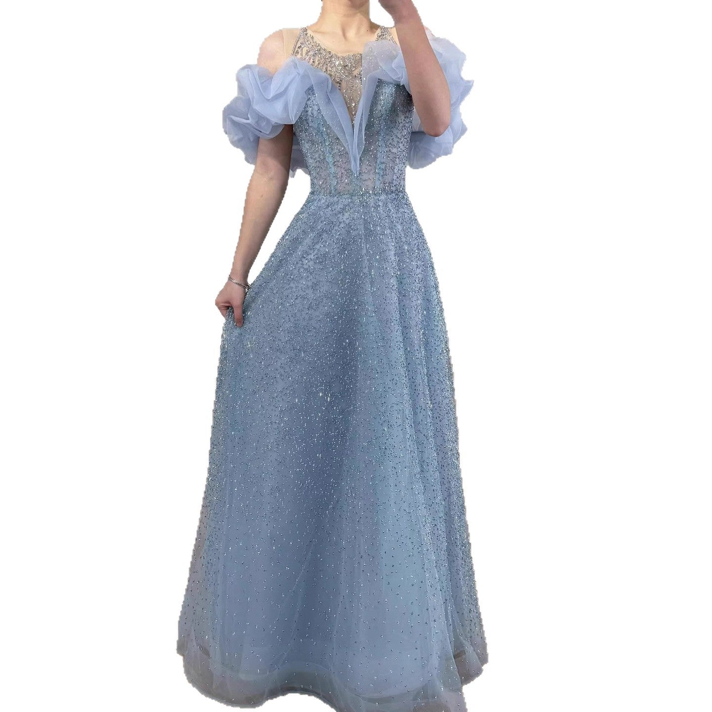 Luxury Blue Crystal Beaded A Line Evening Dress With Ruffle Sleeves LA73576