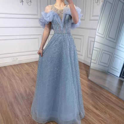 Luxury Blue Crystal Beaded A Line Evening Dress With Ruffle Sleeves LA73576
