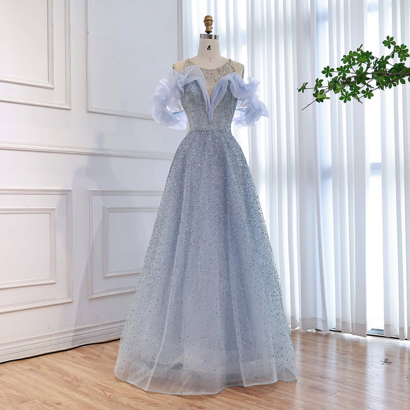 Luxury Blue Crystal Beaded A Line Evening Dress With Ruffle Sleeves LA73576