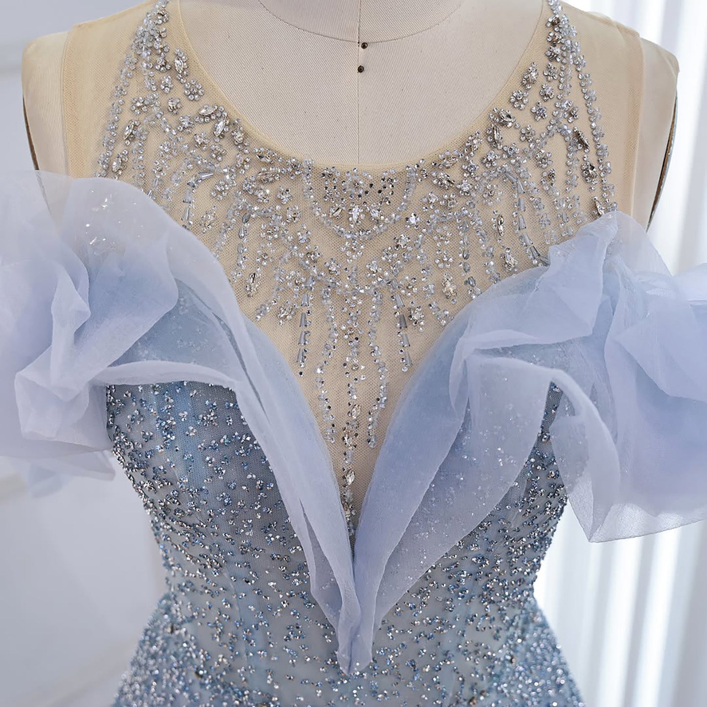 Luxury Blue Crystal Beaded A Line Evening Dress With Ruffle Sleeves LA73576