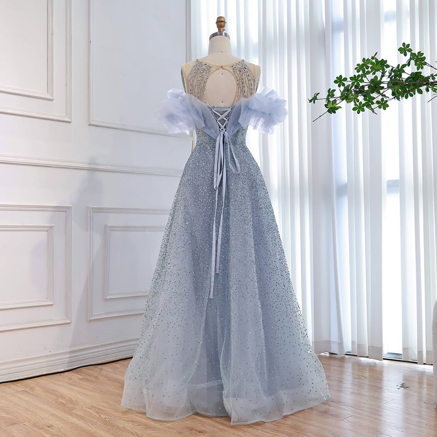 Luxury Blue Crystal Beaded A Line Evening Dress With Ruffle Sleeves LA73576