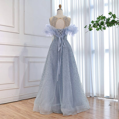 Luxury Blue Crystal Beaded A Line Evening Dress With Ruffle Sleeves LA73576