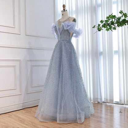 Luxury Blue Crystal Beaded A Line Evening Dress With Ruffle Sleeves LA73576