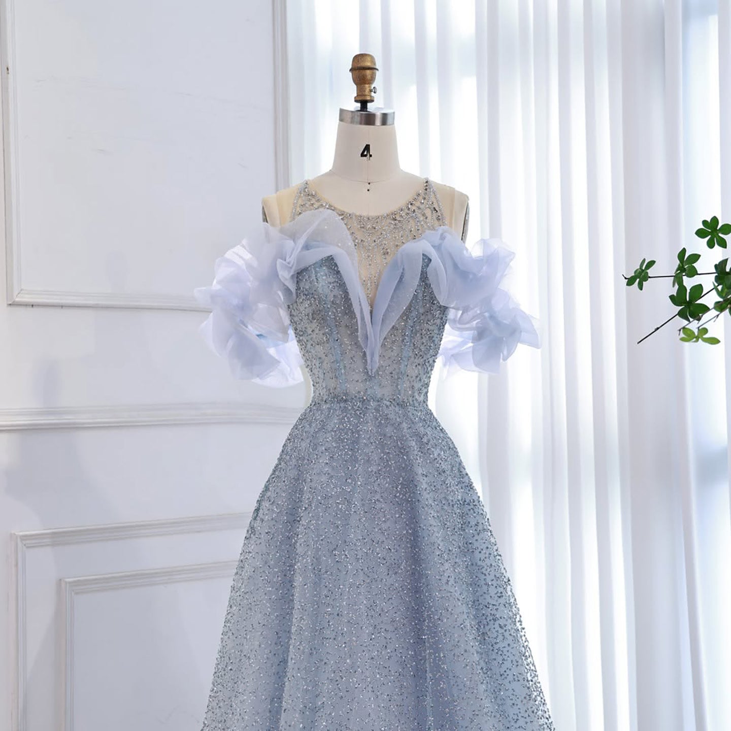 Luxury Blue Crystal Beaded A Line Evening Dress With Ruffle Sleeves LA73576