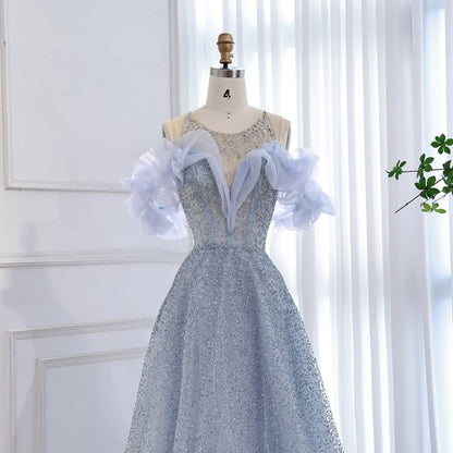Luxury Blue Crystal Beaded A Line Evening Dress With Ruffle Sleeves LA73576