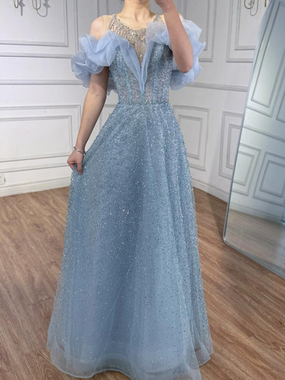 Luxury Blue Crystal Beaded A Line Evening Dress With Ruffle Sleeves LA73576