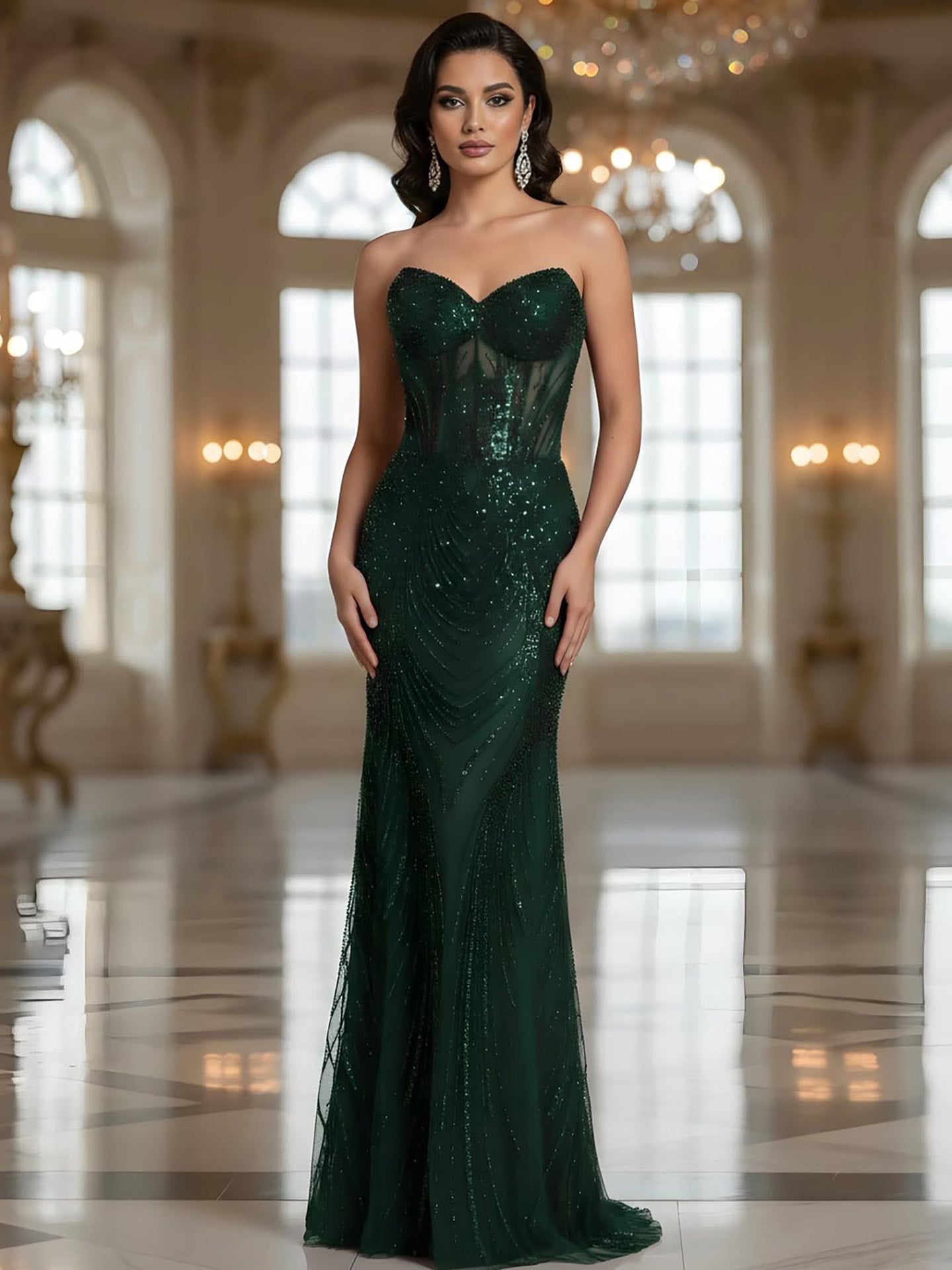 Luxury Green Beaded Mermaid Strapless Evening Dress LA73577
