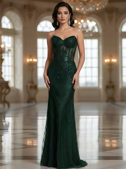 Luxury Green Beaded Mermaid Strapless Evening Dress LA73577