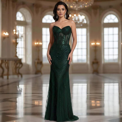 Luxury Green Beaded Mermaid Strapless Evening Dress LA73577