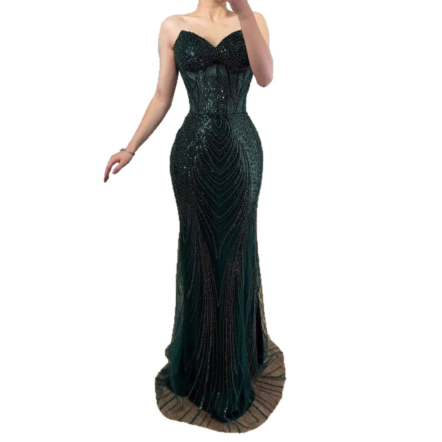Luxury Green Beaded Mermaid Strapless Evening Dress LA73577