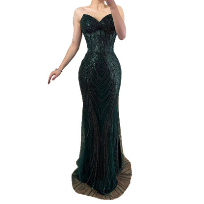 Luxury Green Beaded Mermaid Strapless Evening Dress LA73577