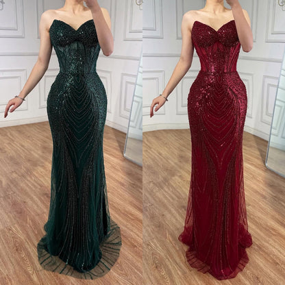 Luxury Green Beaded Mermaid Strapless Evening Dress LA73577