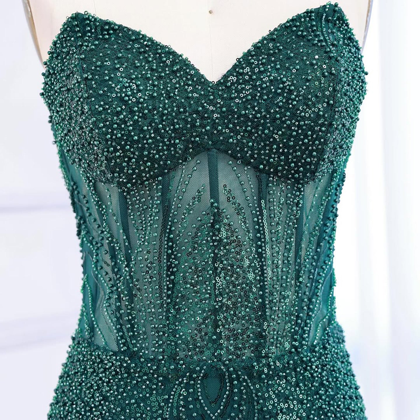 Luxury Green Beaded Mermaid Strapless Evening Dress LA73577