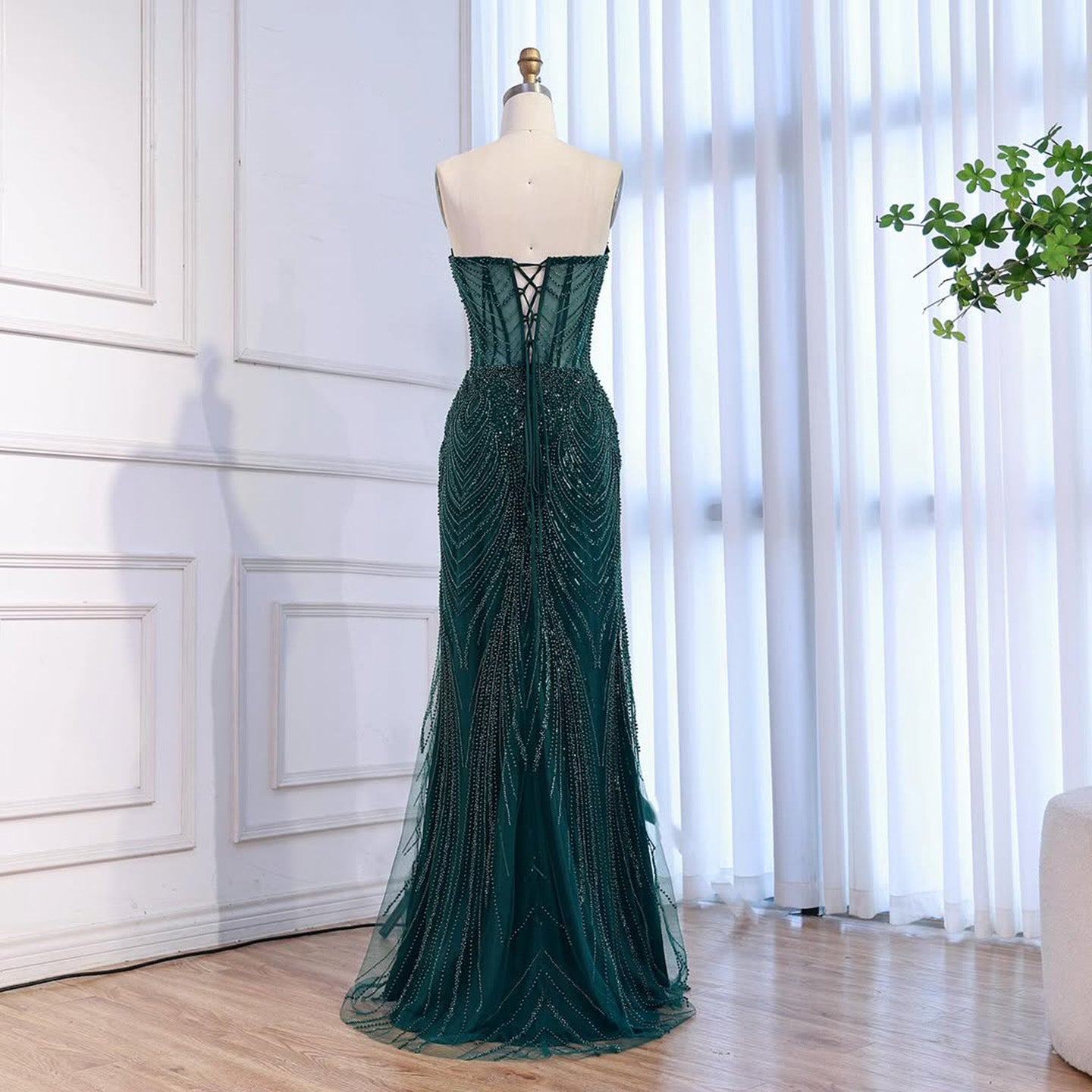 Luxury Green Beaded Mermaid Strapless Evening Dress LA73577