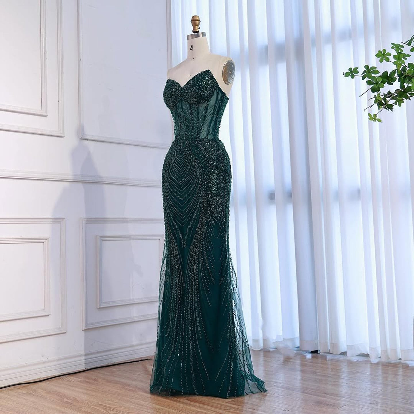 Luxury Green Beaded Mermaid Strapless Evening Dress LA73577