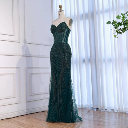 Luxury Green Beaded Mermaid Strapless Evening Dress LA73577