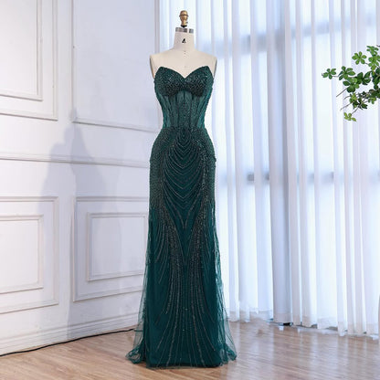 Luxury Green Beaded Mermaid Strapless Evening Dress LA73577
