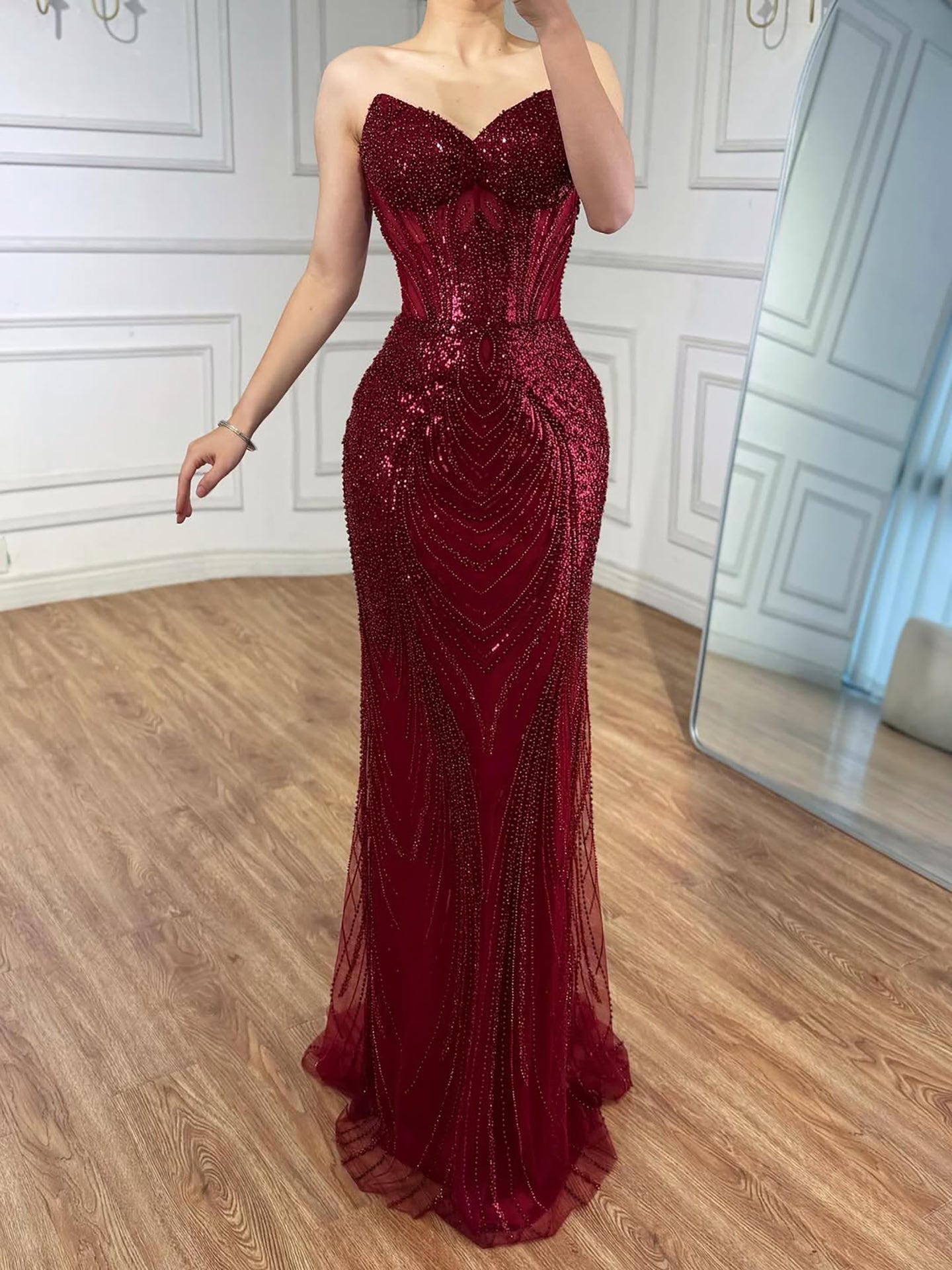 Luxury Green Beaded Mermaid Strapless Evening Dress LA73577