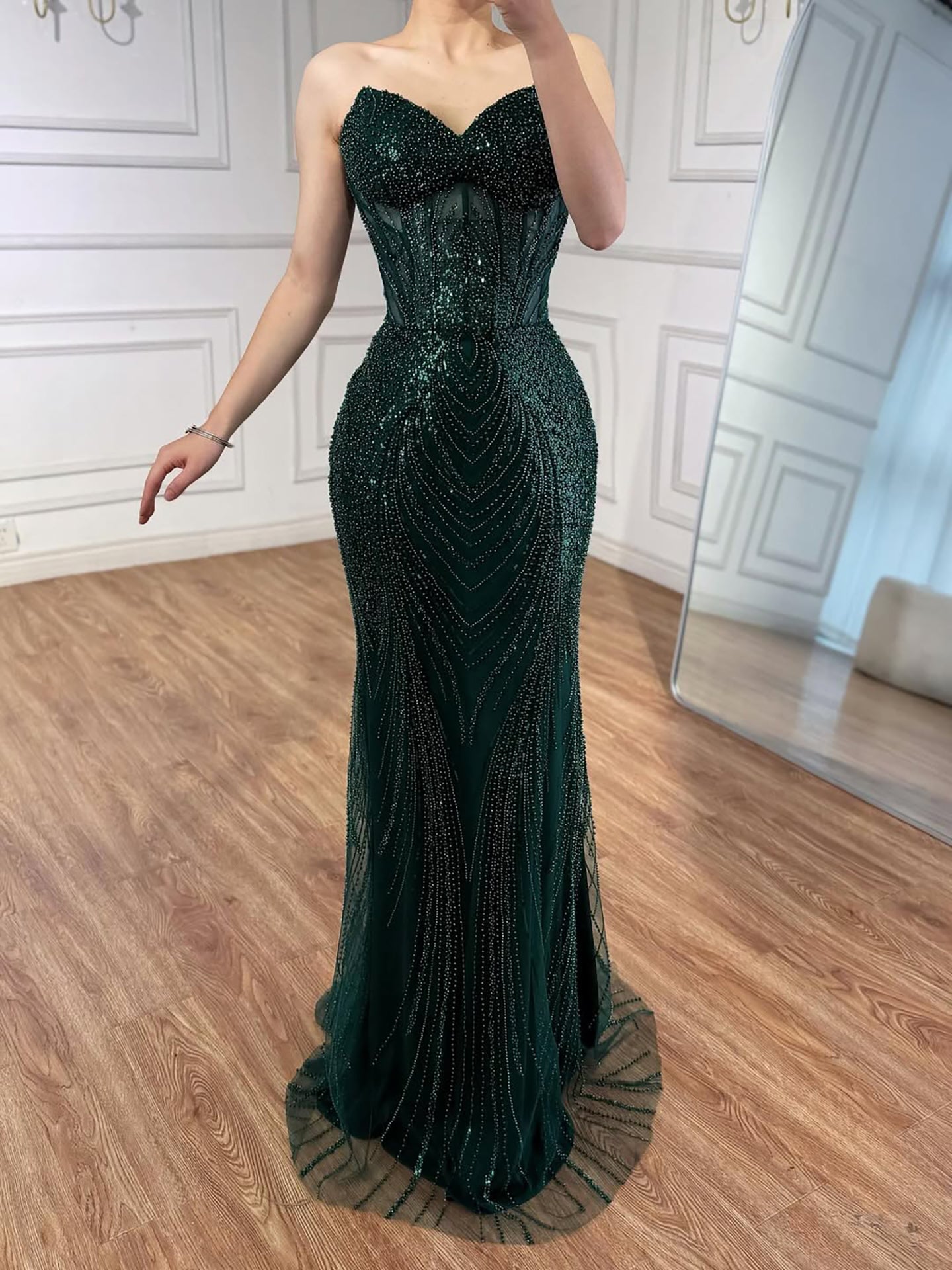 Luxury Green Beaded Mermaid Strapless Evening Dress LA73577