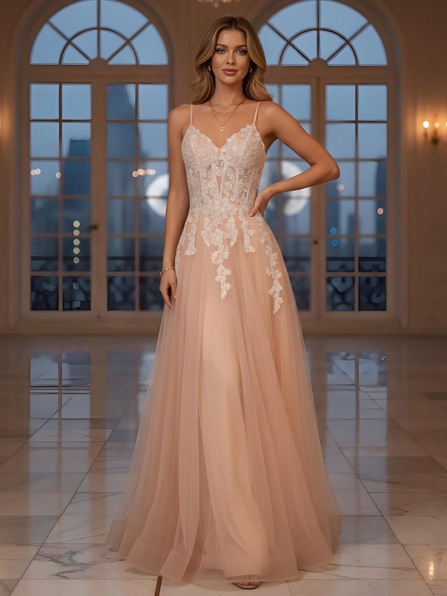 Luxury Peach Beaded Appliques A-Line Prom Dress LA73578