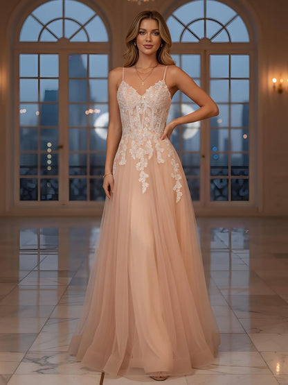 Luxury Peach Beaded Appliques A-Line Prom Dress LA73578