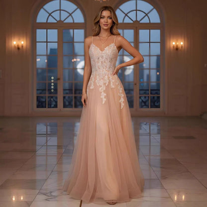 Luxury Peach Beaded Appliques A-Line Prom Dress LA73578