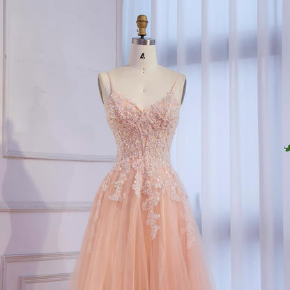 Luxury Peach Beaded Appliques A-Line Prom Dress LA73578